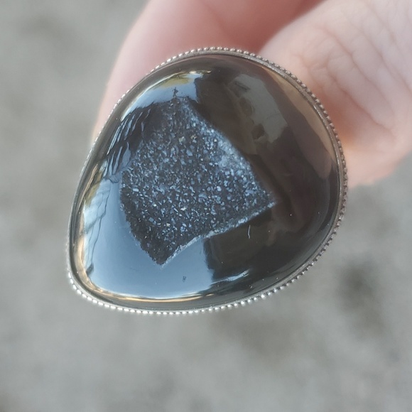 New Oversized Black Agate Druzy 925 Silver Ring. - Picture 7 of 16